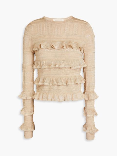Zimmermann Ruffled metallic pointelle-knit top