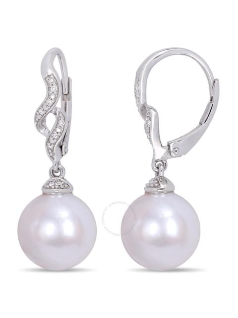 Other Designers AMOUR 11-12mm Cultured Freshwater White Pearl and Diamond Twist Drop Leverback Pearl Earrings In Ste