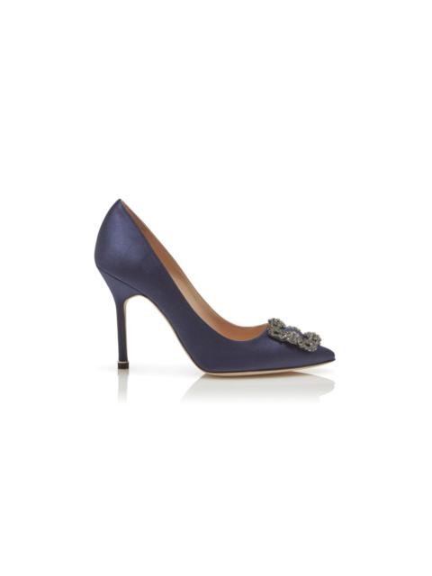 Manolo Blahnik Navy Blue Satin Jewel Buckle Pumps