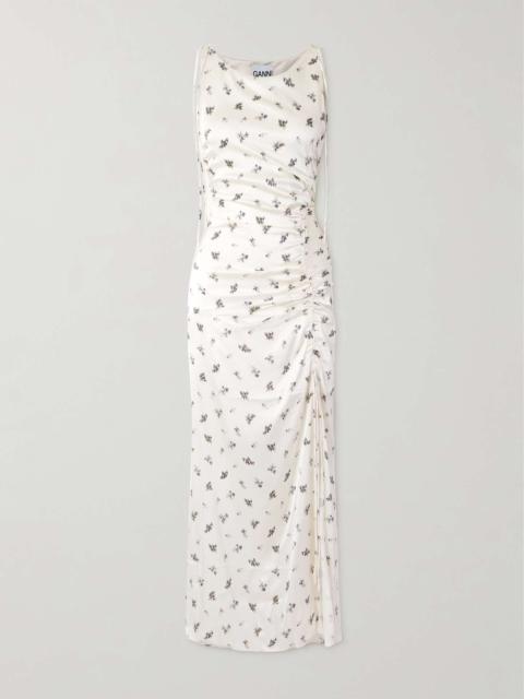 Gathered tie-detailed floral-print satin midi dress Cream