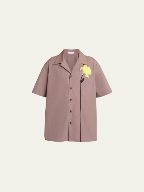 Valentino Men's Poplin Flower Embroidery Camp Shirt