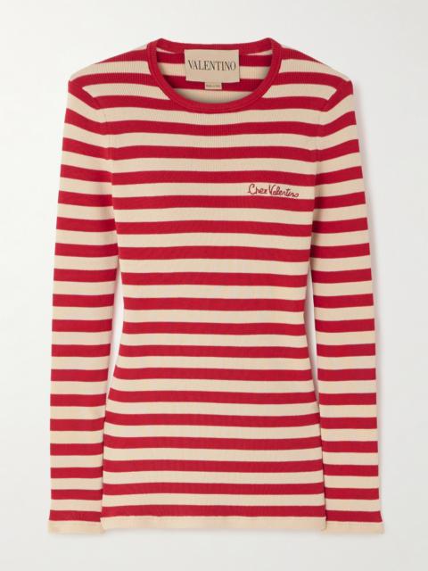 Valentino Embroidered Striped Ribbed-knit Cotton Sweater