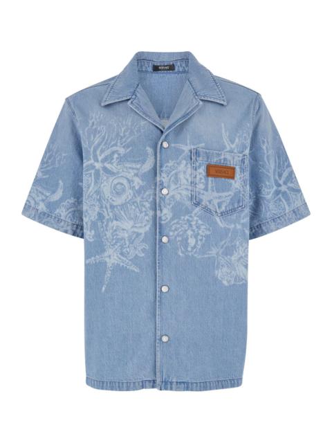 VERSACE Versace Men Light Blue Barocco Shirt With Barocco Sea Print In Cotton Denim Man
