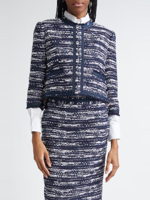 Thom Browne Thom Browne Drop Back Mélange Tulle Yarn Tweed Crop Cardigan Jacket in Navy at Nordstrom