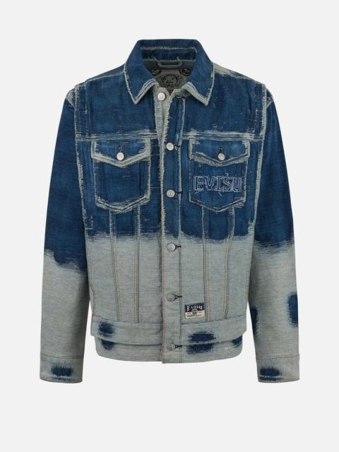 EVISU Distressed Logo and Seagull Embroidery Relax Fit Denim Jacket