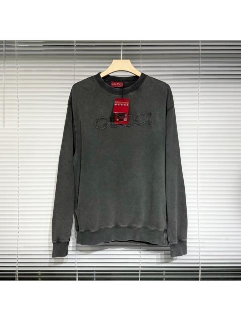 GUCCI Gucci Embroidered Logo Washed Distressed Cotton Gray Hoodie