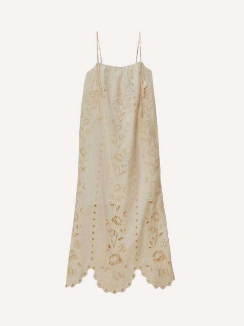 FARM RIO Off-White Flowers Richelieu Linen Sleeveless Maxi Dress