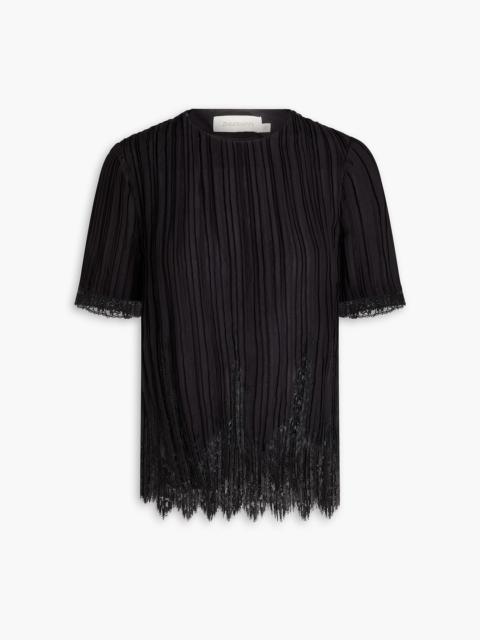 Zimmermann Plissé crepe de chine and lace top