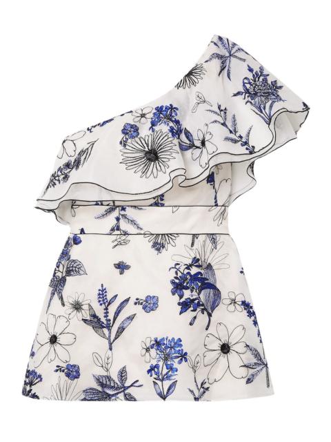 Other Designers One-shoulder embroidered silk-organza peplum top