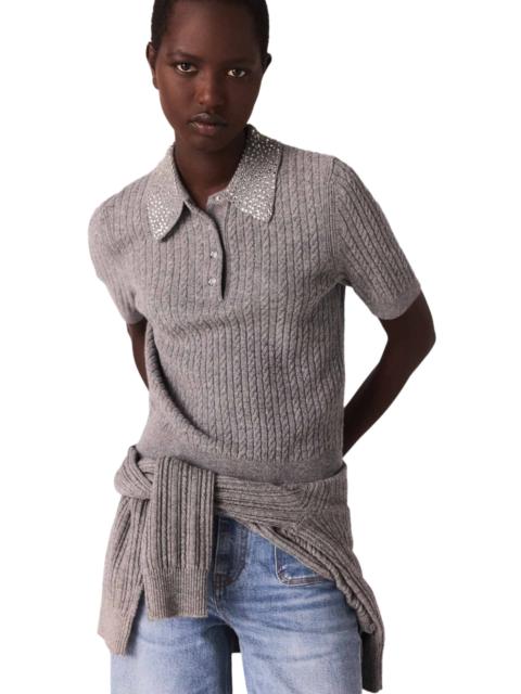 maje maje Wool polo shirt with rhinestone collar in Grey at Nordstrom