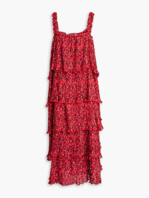 GANNI Tiered floral-print plissé-chiffon midi dress