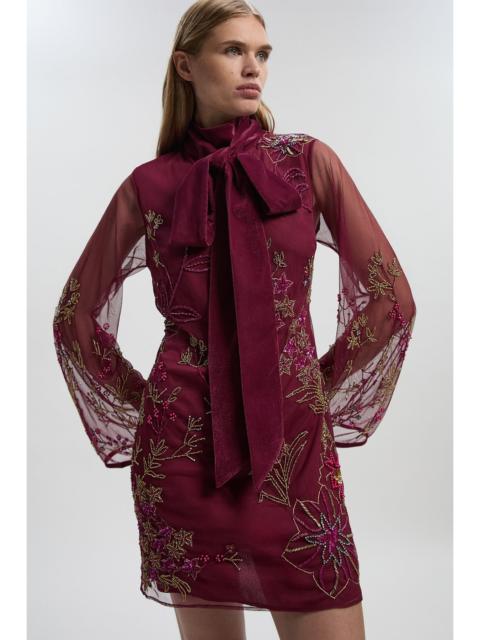 KAREN MILLEN Floral Applique Embellished Organdie Woven Mini Dress