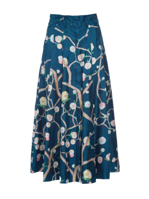 GABRIELA HEARST Dugald Pleated Midi Skirt in Blue Multi Printed Silk Twill