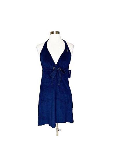 RALPH LAURENT NAVY BLUE TERRY CLOTH HALTER DRESS