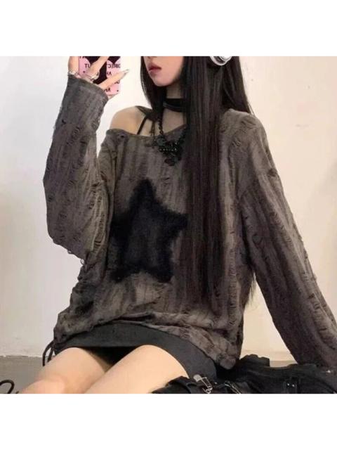 Japanese Brand - Y2K Hole Star Off Shoulder Top