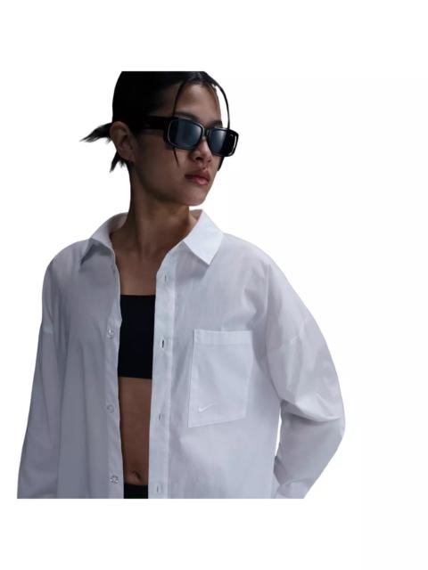 Nike Women's Sportswear Chill Poplin Loose Long-Sleeve Button-Up Top -White