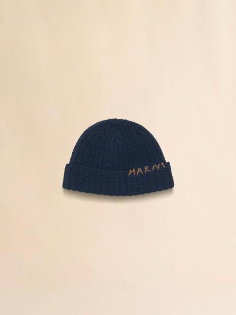 Marni DEEP BLUE RIBBED BEANIE WITH HAND-STITCHED LOGO