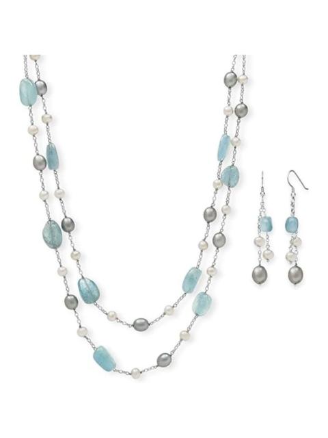 Other Designers Belacqua Aquamarine & Freshwater Pearl Station Necklace in Sterling Silver, Tassel Earrings,18" Rolo