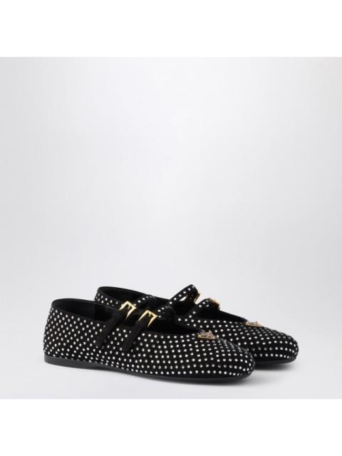 Prada Black Velvet Rhinestone Ballerina With Logo Triangle Women