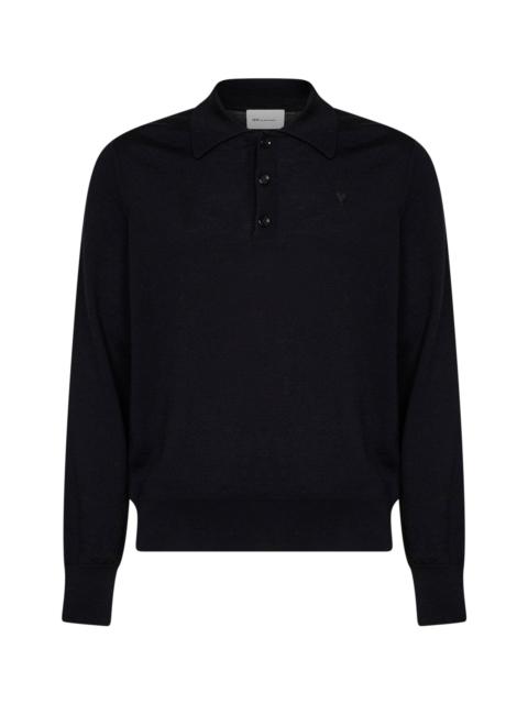 AMI Paris Ami Paris Men Black Extra-Fine Merino Wool Knit Ami De Cœur Polo Shirt