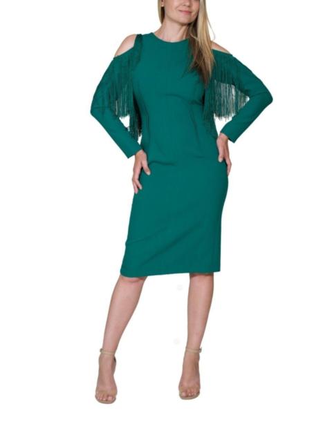 Other Designers Cult Moda - Green Cold Shoulder Fringe Dress