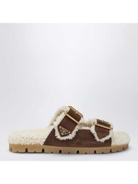 Prada Prada Brown Suede And Shearling Slides Women