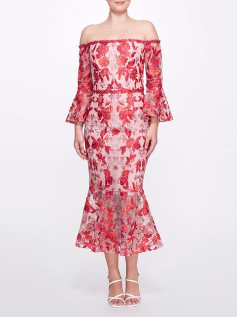 Marchesa EMBROIDERED TULLE TEA-LENGTH MIDI DRESS