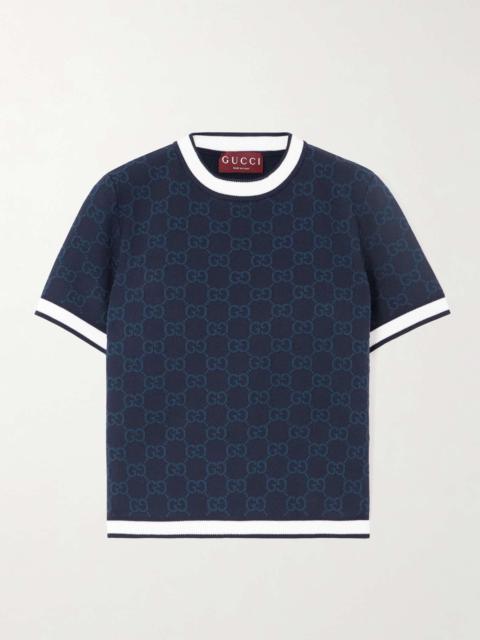 Cropped jacquard-knit cotton sweater Navy