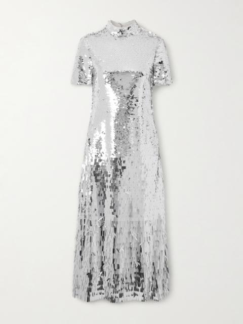 self-portrait Fringed Sequined Tulle Midi Dress