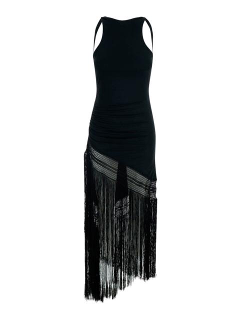 THE ANDAMANE The Andamane Women 'Marisol' Black Sleeveless Long Dress With Mesh Inserts And Asymmetrical Fringed 