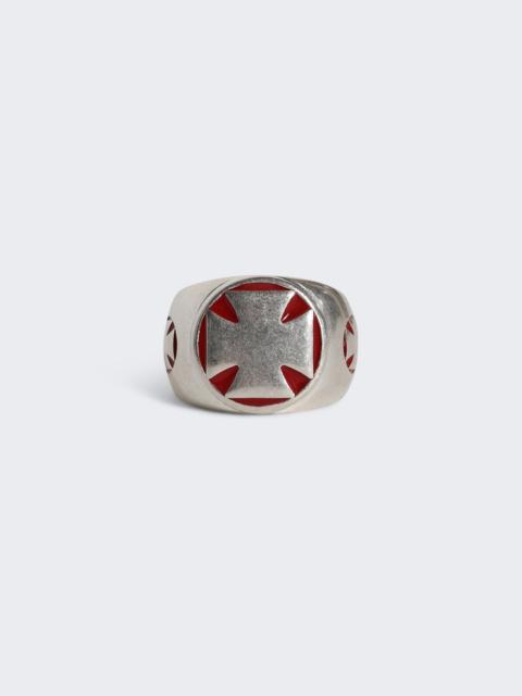 VETEMENTS Biker Cross Signet Ring Silver And Red