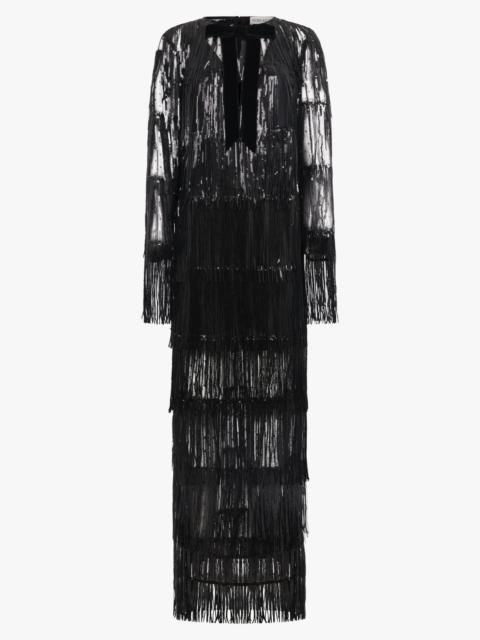 NINA RICCI V NECKLINE BOW L/S FRINGED SEQUIN MAXI DRESS | BLACK