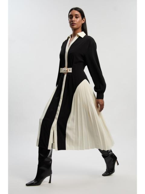 KAREN MILLEN Tailored Crepe Colour Block Belted Pleated Midi Dress