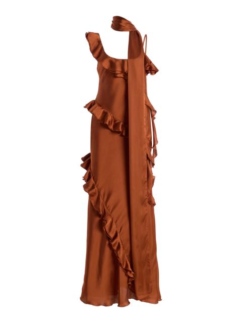 SIEDRÉS Exclusive Monica Ruffled Satin Maxi Dress brown