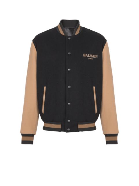 Two-tone wool and cashmere varsity jacket