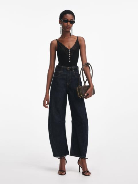 self-portrait Black Lace Trim Rib Knit Top