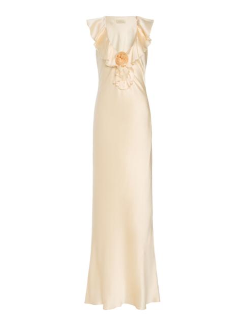De La Vali Nema Ruffled Silk-Blend Satin Maxi Slip Dress neutral