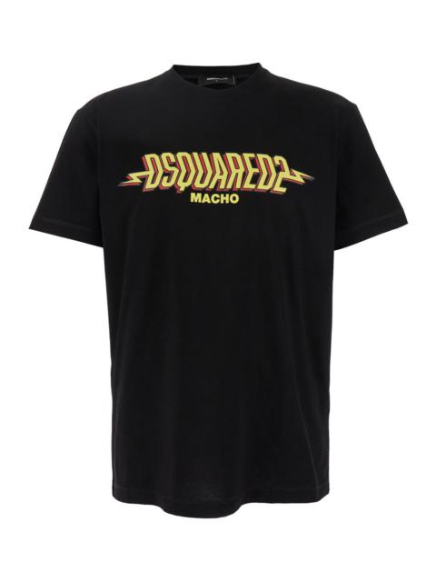 Dsquared2 Men Black Crewneck T-Shirt With Logo Print On The Front In Cotton Man