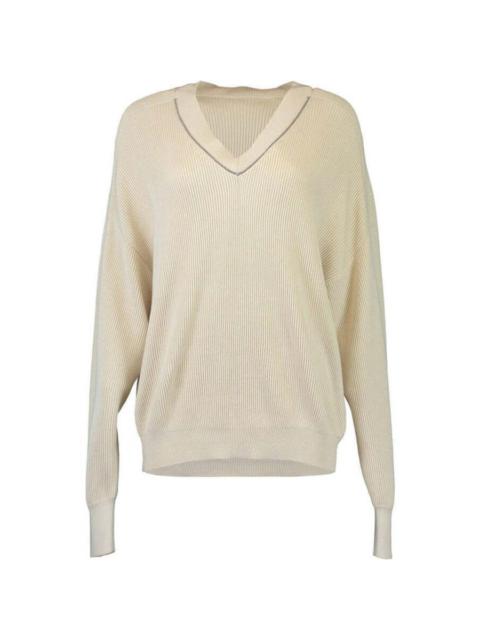 Brunello Cucinelli Brunello Cucinelli Wobeige Ribbed V Neck Sweater
