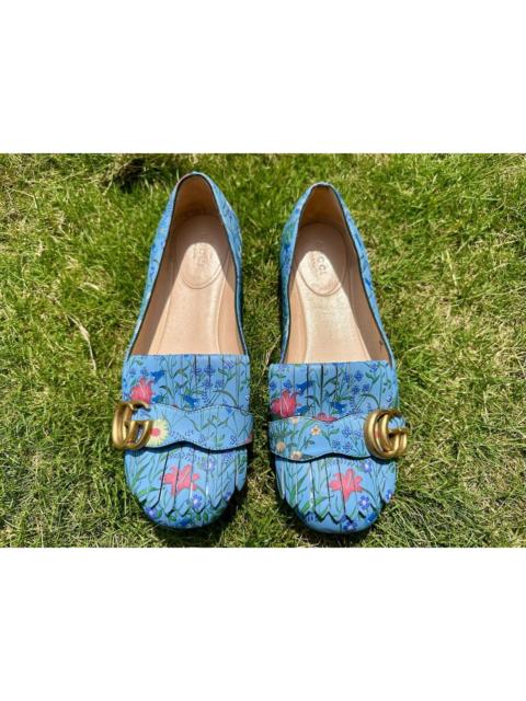 GUCCI Authentic Gucci Blue Floral Leather GG Marmont Fringe Ballet