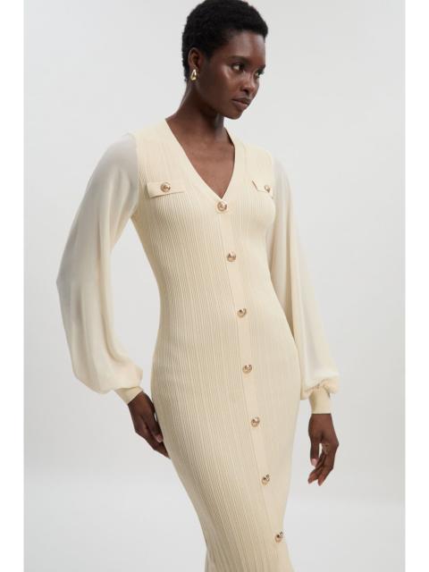 KAREN MILLEN Viscose Blend Rib Knit Chiffon Sleeve Midi Dress