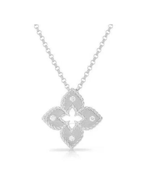 Roberto Coin - Roberto Coin 18K White Gold Petite Venetian Princess Extra Small Satin & Diamond Accent Flower Neckl