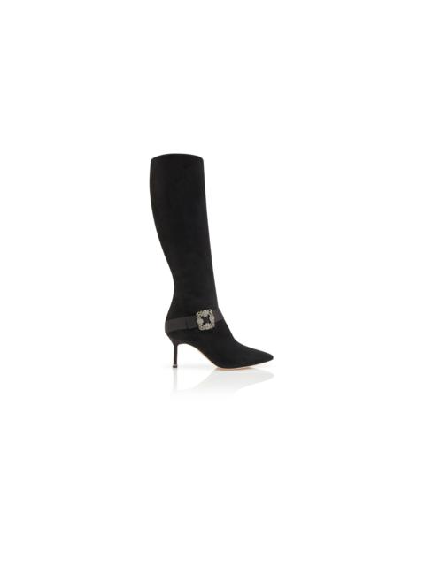 Manolo Blahnik Black Suede Jewel Buckle Knee High Boots