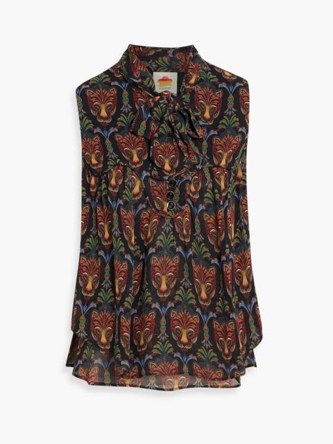FARM RIO Tie-neck layered printed crepe top