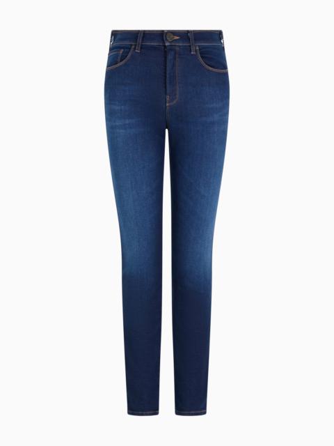 EMPORIO ARMANI J20 HIGH-WAISTED SUPER-SKINNY LEG JEANS IN STRETCH DENIM WITH LASER-CUT LOGO