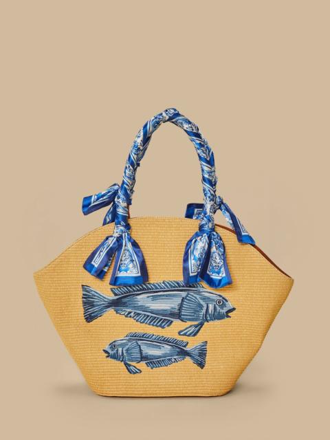 FARM RIO Blue Garden Tiles Raffia Shell Tote