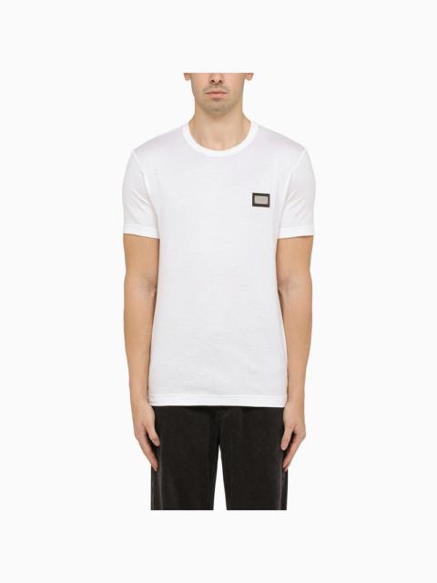 Dolce&Gabbana White Crewneck T-Shirt With Logo Plaque Men