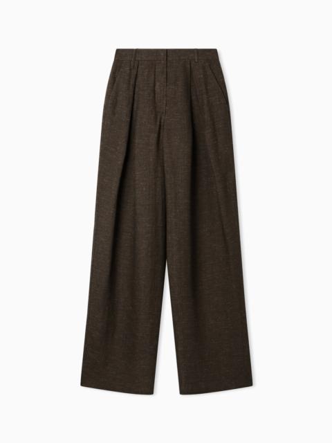 EMPORIO ARMANI ICON LINEN CHAMBRAY TROUSERS WITH GODET PLEATS