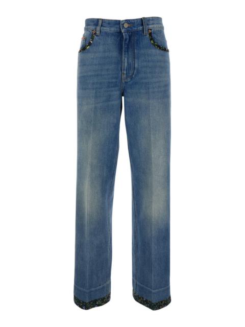 Valentino Valentino Women Blue Jeans With Logo Patch On The Rear And Floral Details In Denim Woman