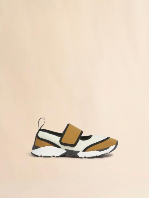 Marni WHITE AND LIGHT BROWN LYCRA MARY JANE RUNNING SNEAKER